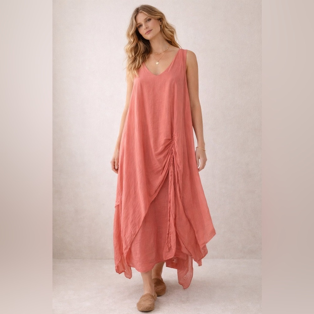 Meo Meli Lagenlook Flowy Tiered 100% Cotton Midi Dress Salmon Pink OS Boho chic